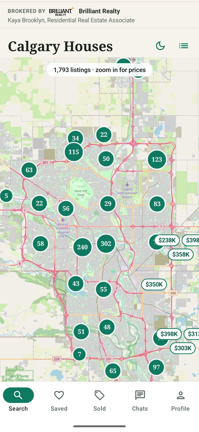 The CalgaryHouses Android app: the city map with listing clusters and price pills