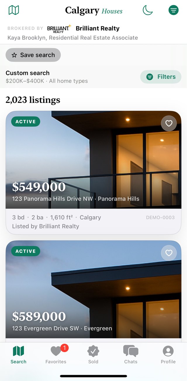 The CalgaryHouses iPhone app list view, shown with example listings
