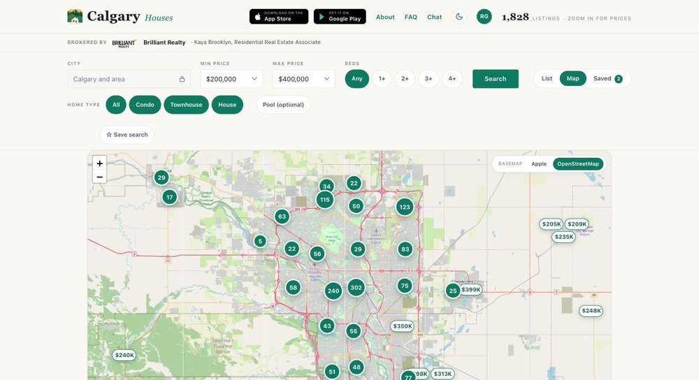The CalgaryHouses web app: the map view with listing clusters and price pills over Calgary